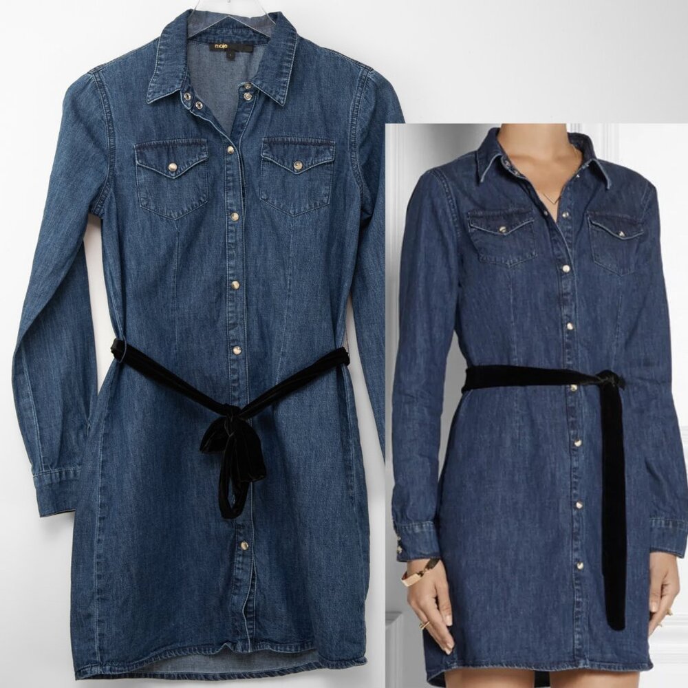 Maje Ralexa Denim Shirt Dress Velvet Belt Snap Front Blue Size 1 Small